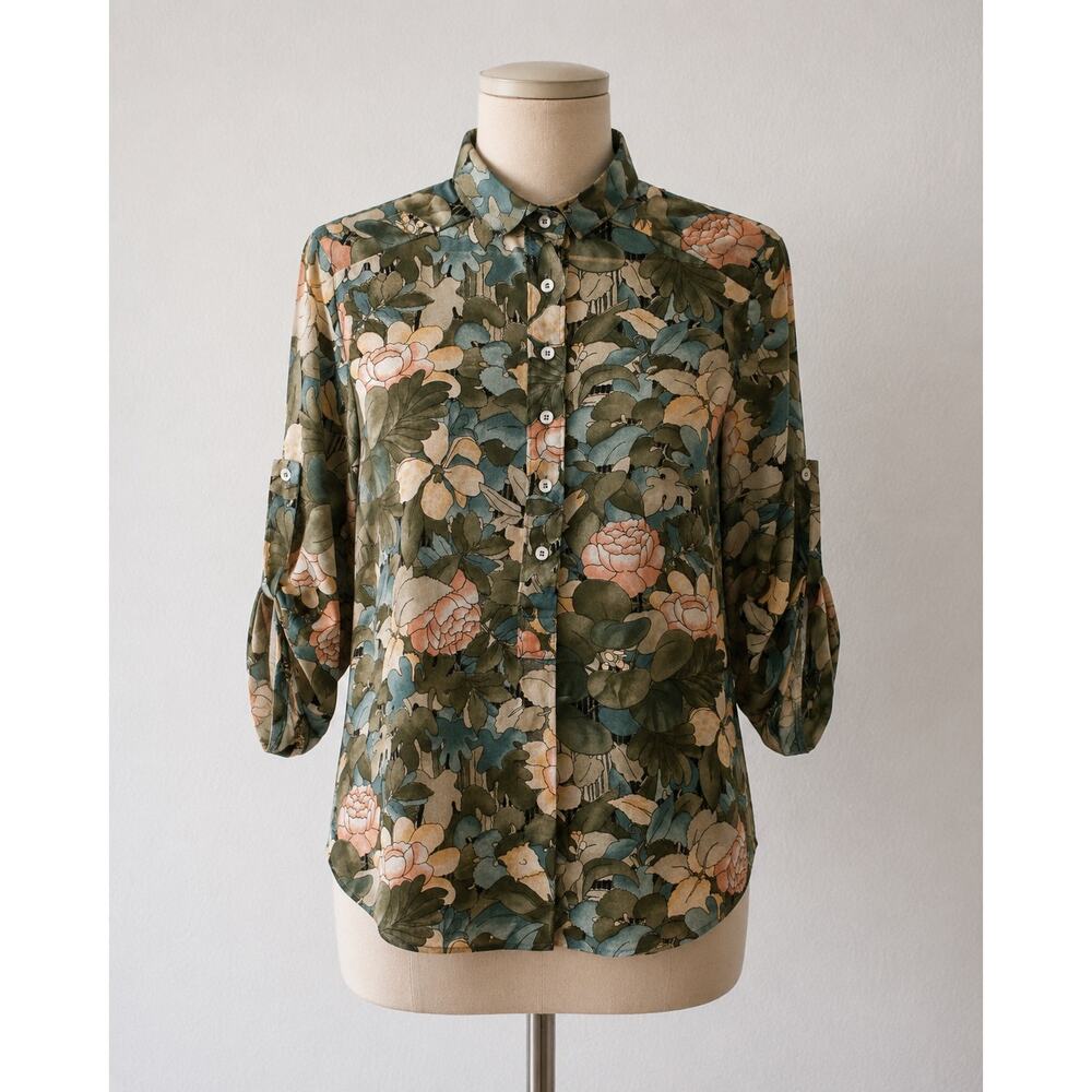 Vintage 70s Pucci Floral Blouse 9/10 Roll Tab Sleeve Boho Secretary Shirt Boho - Picture 2 of 11